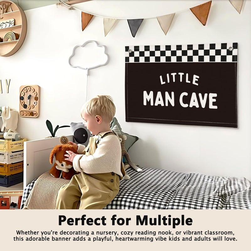 ETVISO Little Man Cave Black and White Checkered Boys Room Decor - Linen Banner Wall Hanging Canvas Banner Flag Decor for Nursery Toddler Boys Bedroom Playroom - Image 5